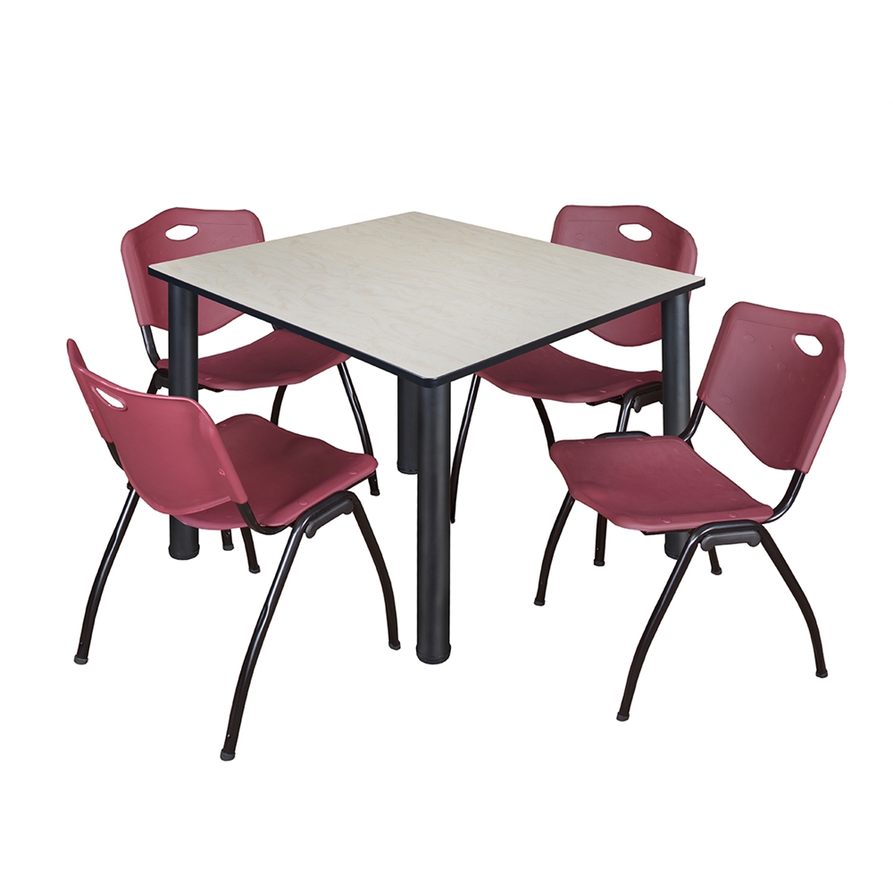 Kee 48" Square Breakroom Table- Maple/ Black & 4 'M' Stack Chairs- Burgundy. Picture 1