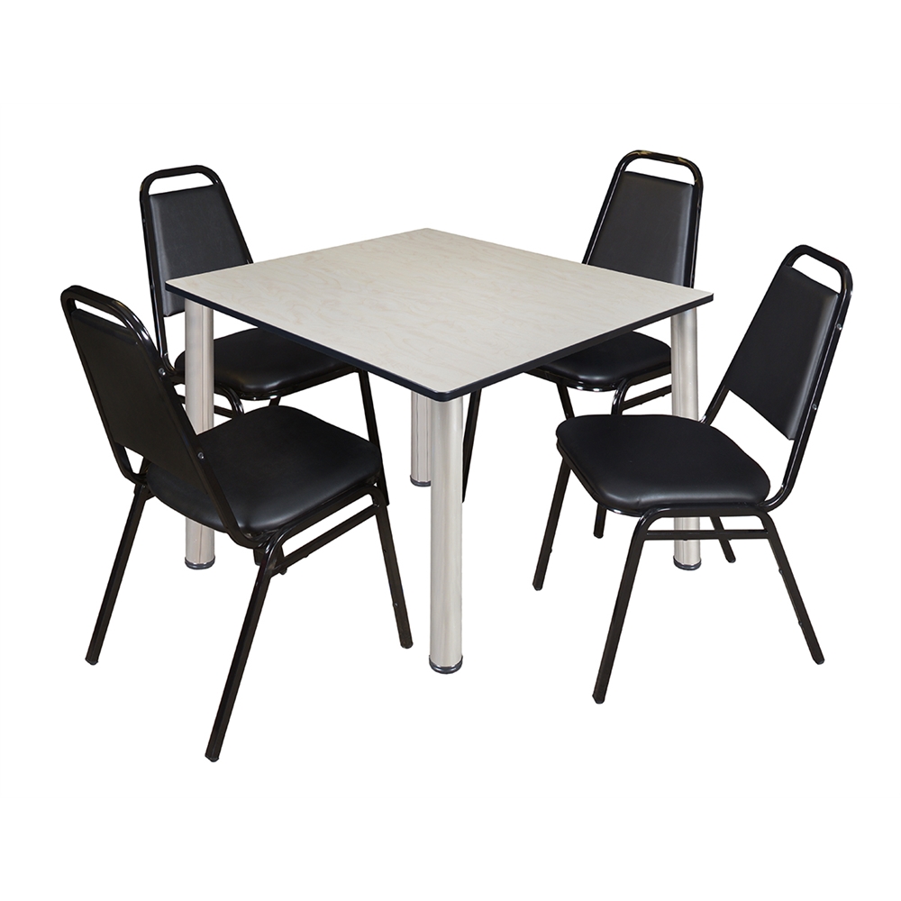 Kee 48" Square Breakroom Table- Maple/ Chrome & 4 Restaurant Stack Chairs- Black. Picture 1