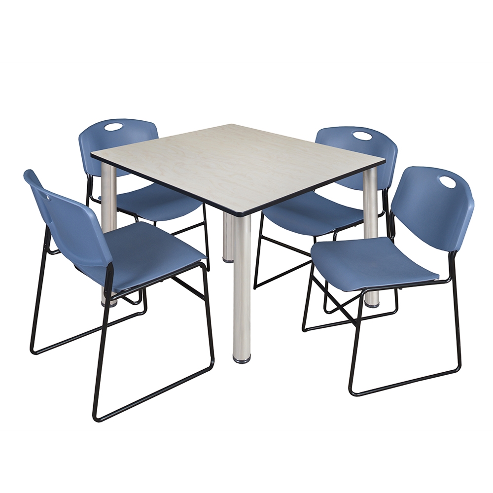 Kee 48" Square Breakroom Table- Maple/ Chrome & 4 Zeng Stack Chairs- Blue. Picture 1