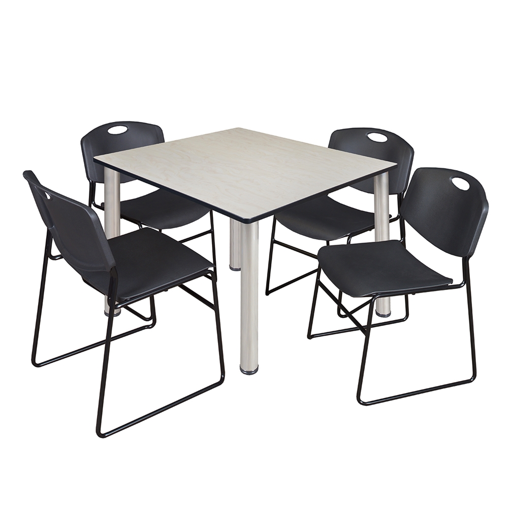 Kee 48" Square Breakroom Table- Maple/ Chrome & 4 Zeng Stack Chairs- Black. Picture 1
