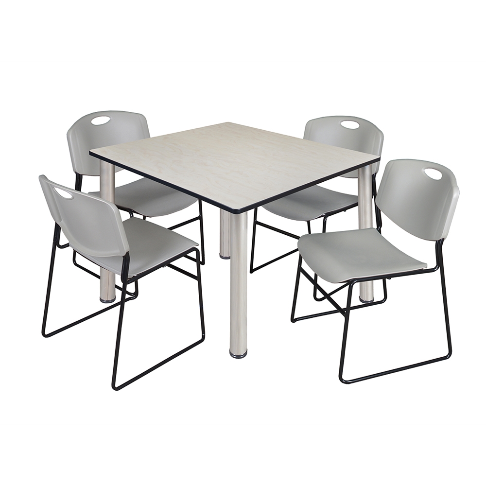 Kee 48" Square Breakroom Table- Maple/ Chrome & 4 Zeng Stack Chairs- Grey. Picture 1