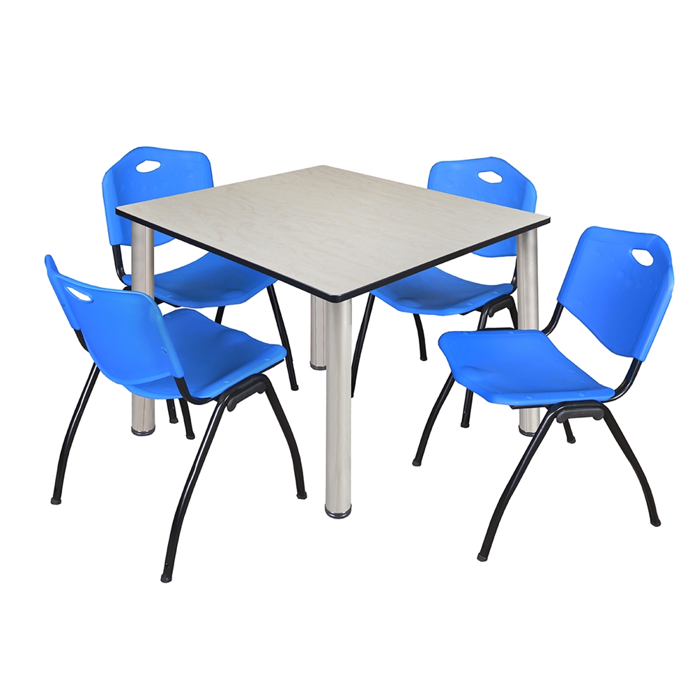 Kee 48" Square Breakroom Table- Maple/ Chrome & 4 'M' Stack Chairs- Blue. Picture 1