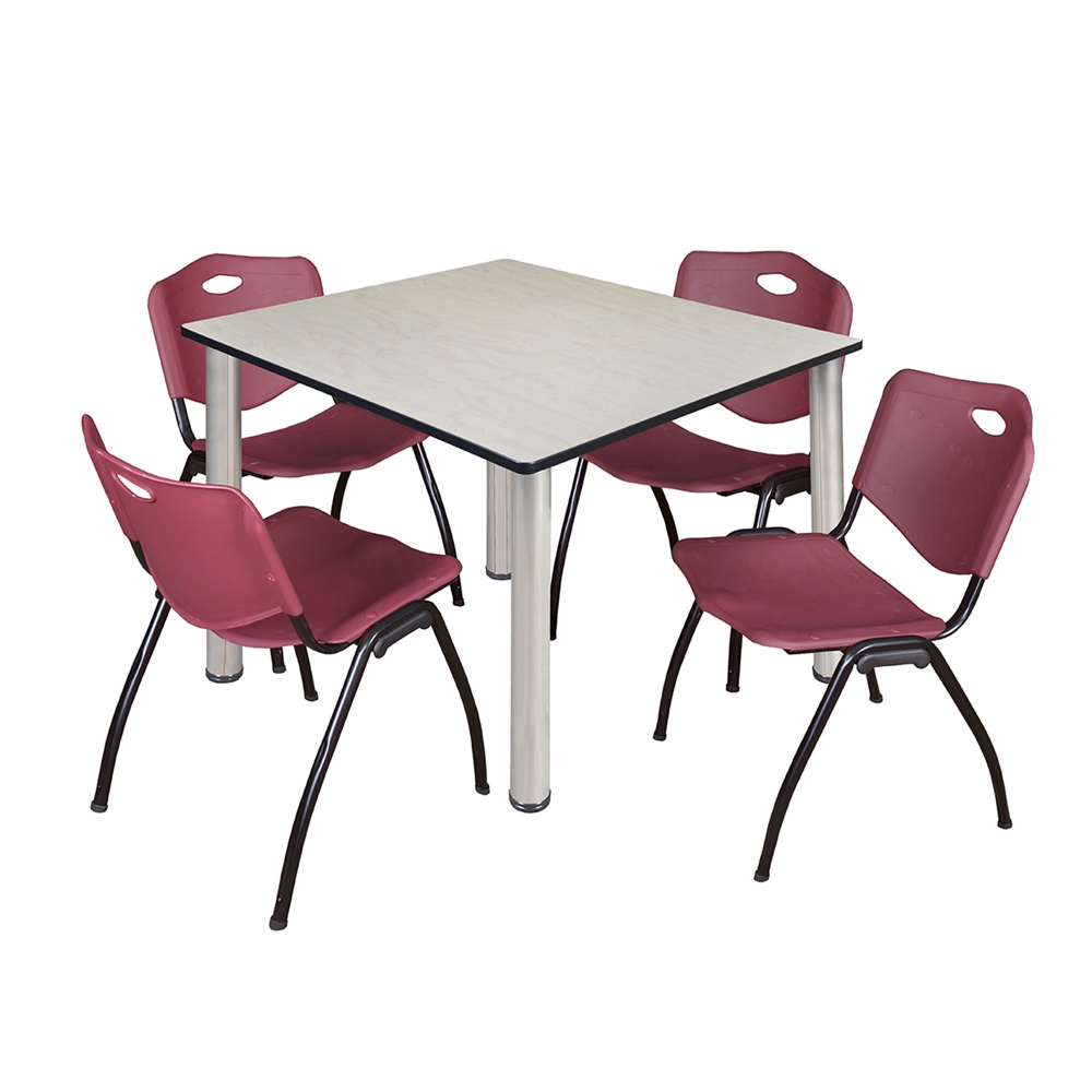 Kee 48" Square Breakroom Table- Maple/ Chrome & 4 'M' Stack Chairs- Burgundy. Picture 1