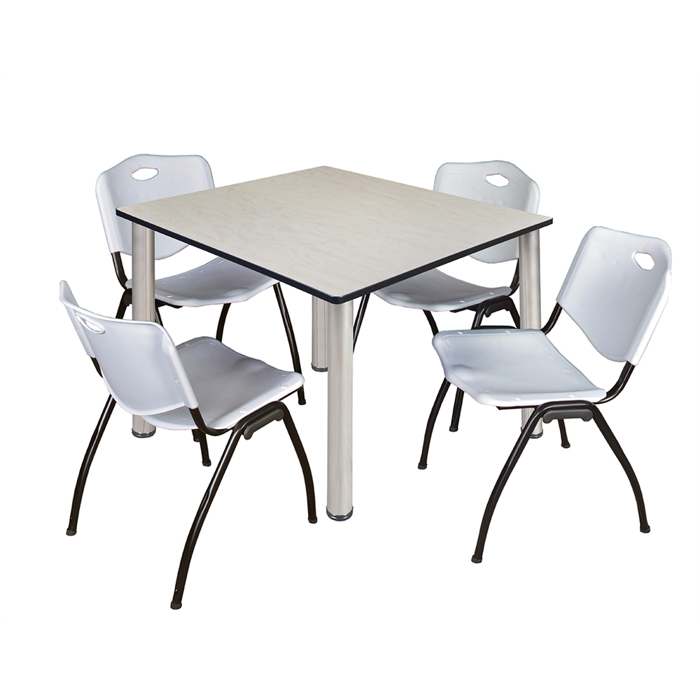 Kee 48" Square Breakroom Table- Maple/ Chrome & 4 'M' Stack Chairs- Grey. Picture 1