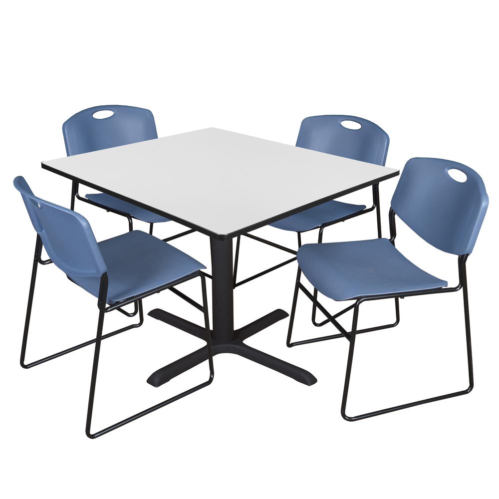 Regency Cain 48 in. Square Breakroom Table- White & 4 Zeng Stack Chairs- Blue. Picture 1