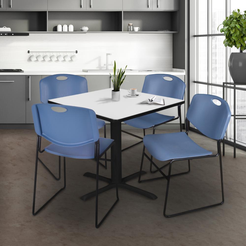 Regency Cain 48 in. Square Breakroom Table- White & 4 Zeng Stack Chairs- Blue. Picture 8