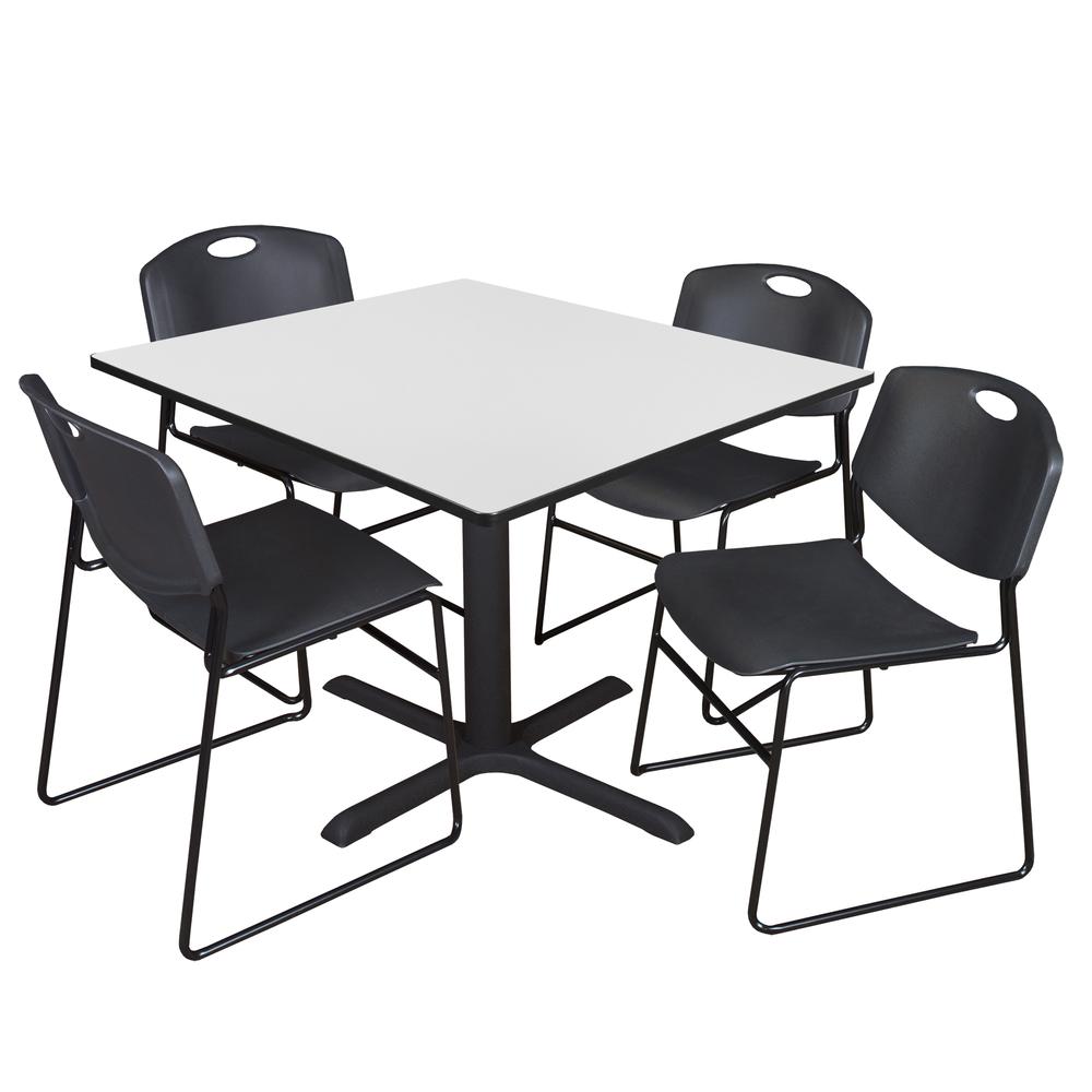 Regency Cain 48 in. Square Breakroom Table- White & 4 Zeng Stack Chairs- Black. Picture 1