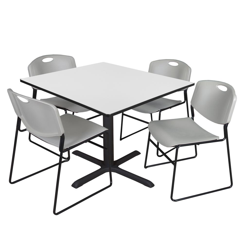 Regency Cain 48 in. Square Breakroom Table- White & 4 Zeng Stack Chairs- Grey. Picture 1
