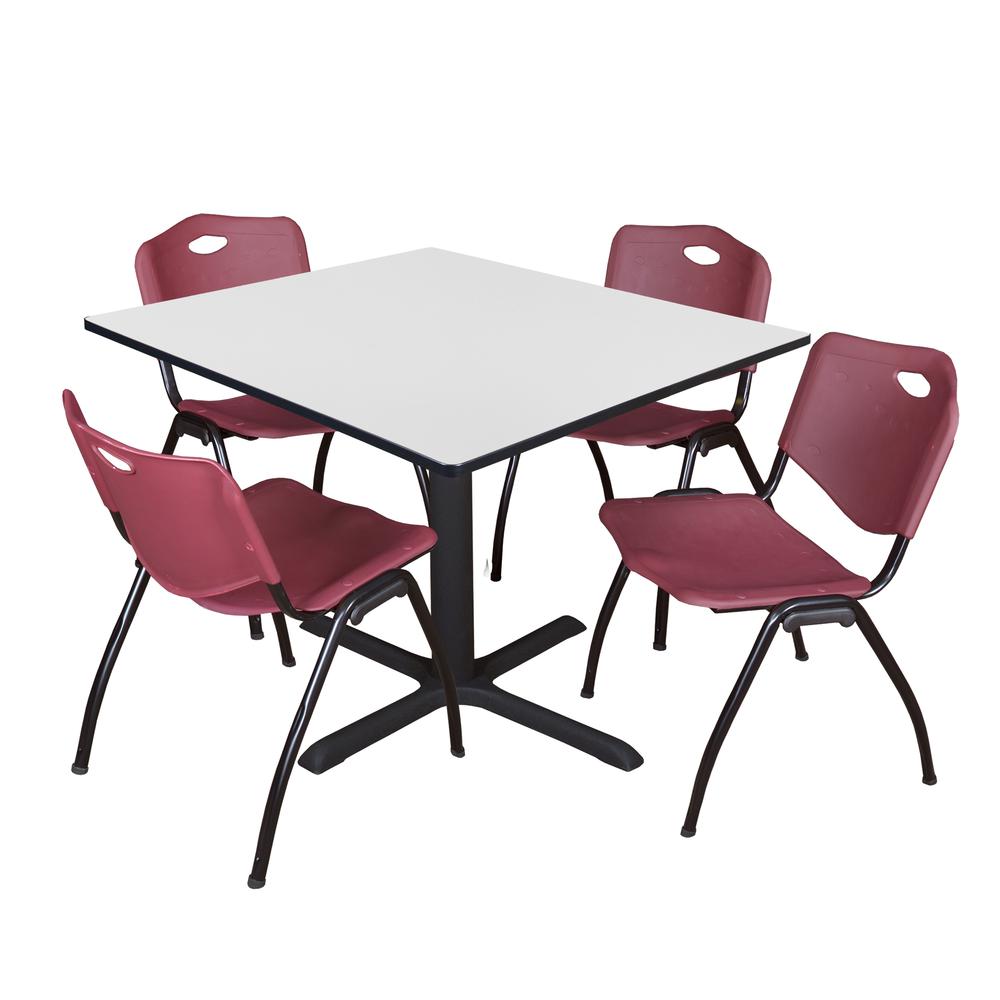 Regency Cain 48 in. Square Breakroom Table- White & 4 M Stack Chairs- Burgundy. Picture 1