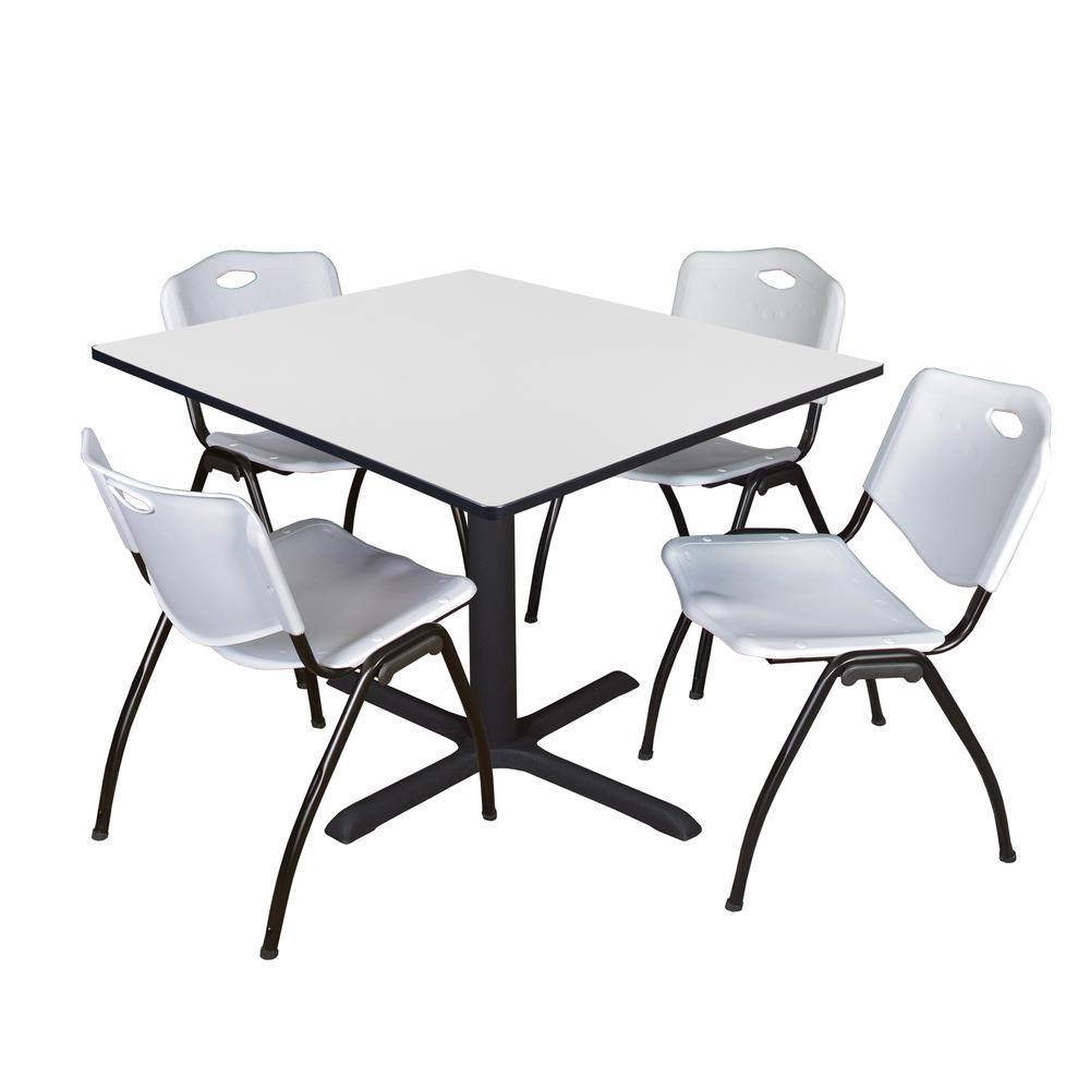 Regency Cain 48 in. Square Breakroom Table- White & 4 M Stack Chairs- Grey. Picture 1