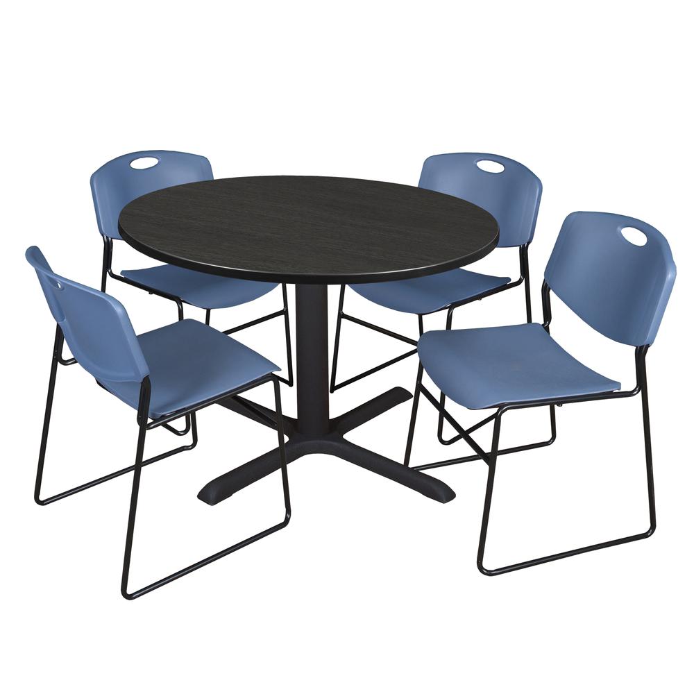 Regency Cain 48 in. Round Breakroom Table- Ash Grey & 4 Zeng Stack Chairs- Blue. Picture 1