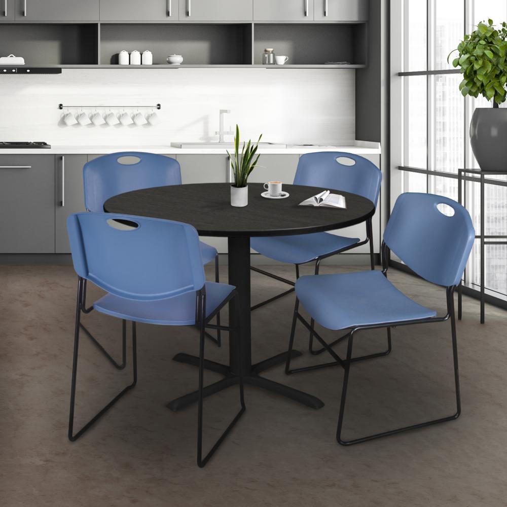 Regency Cain 48 in. Round Breakroom Table- Ash Grey & 4 Zeng Stack Chairs- Blue. Picture 8