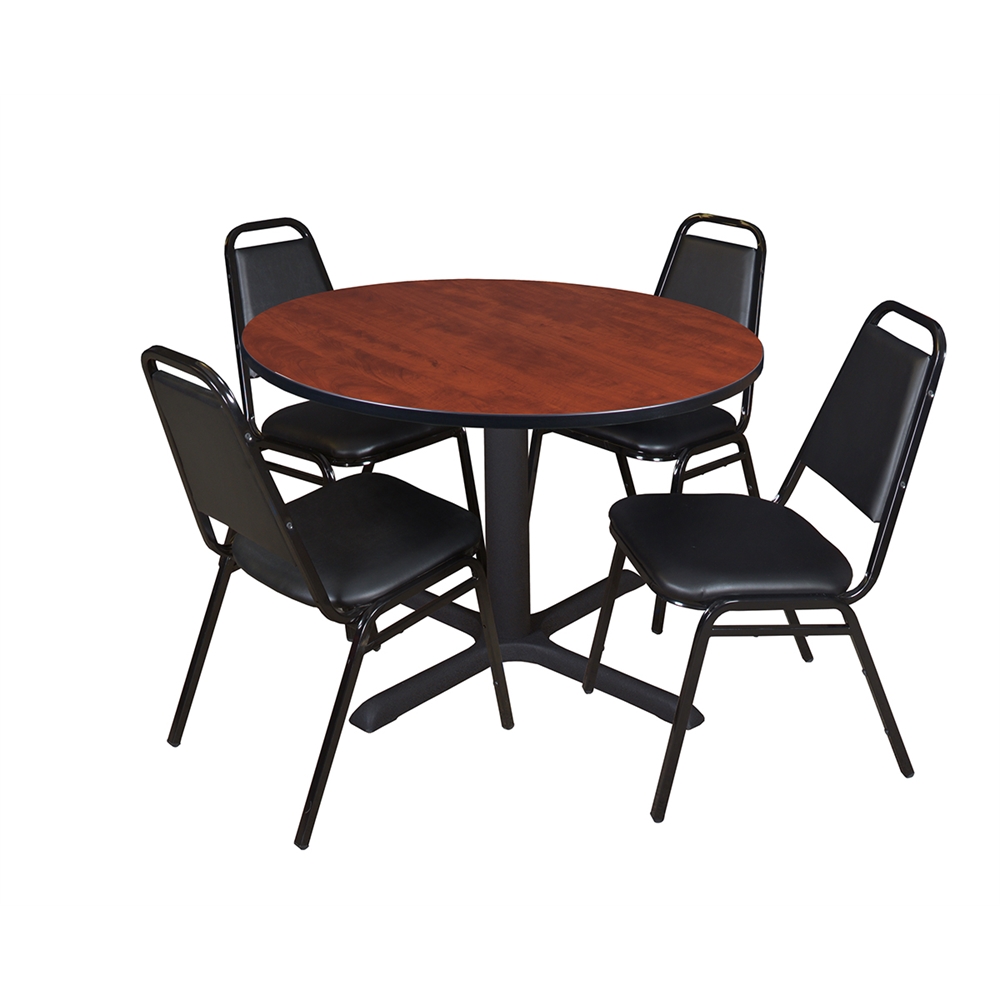 Cain 48" Round Breakroom Table- Cherry & 4 Restaurant Stack Chairs- Black. Picture 1