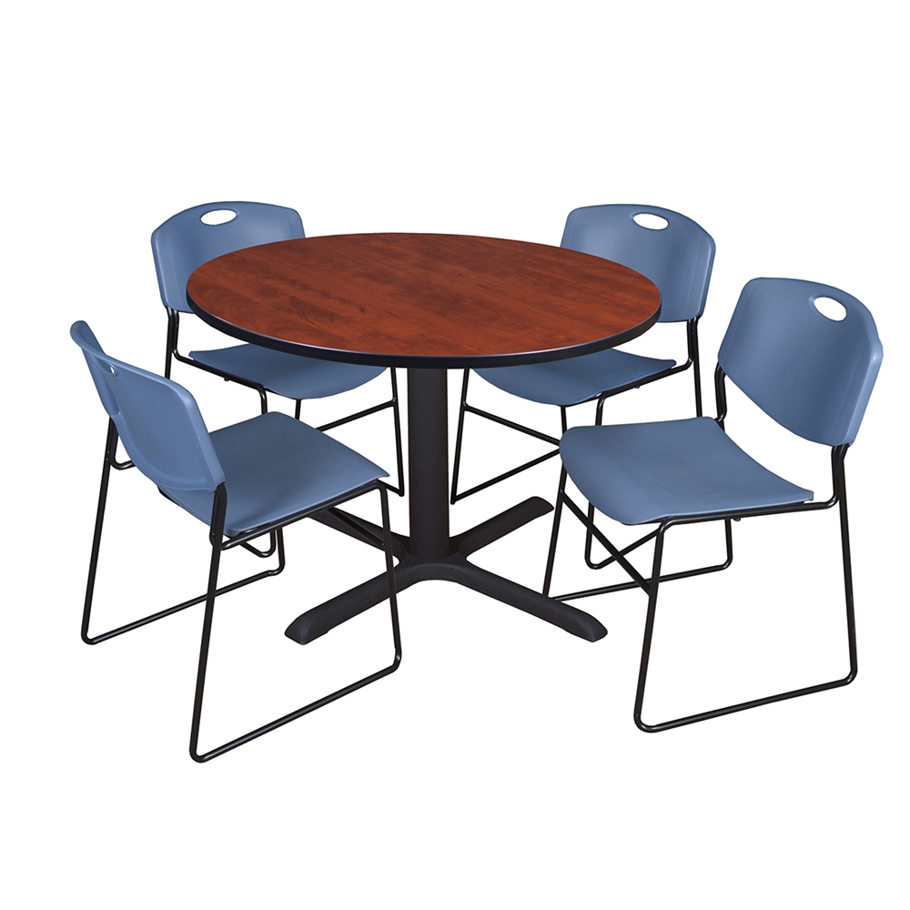 Cain 48" Round Breakroom Table- Cherry & 4 Zeng Stack Chairs- Blue. Picture 1