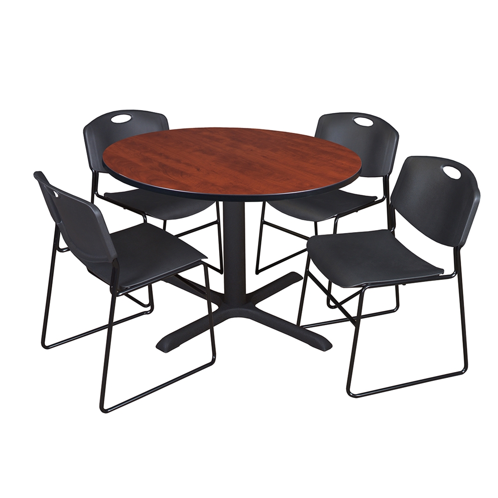 Cain 48" Round Breakroom Table- Cherry & 4 Zeng Stack Chairs- Black. Picture 1