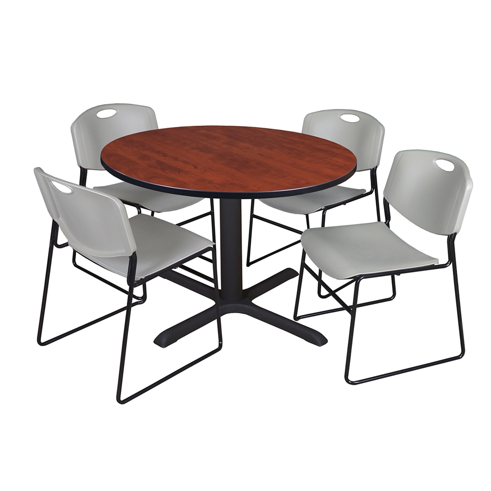 Cain 48" Round Breakroom Table- Cherry & 4 Zeng Stack Chairs- Grey. Picture 1