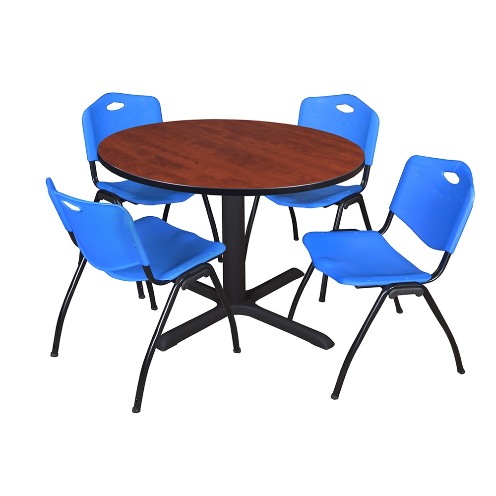 Cain 48" Round Breakroom Table- Cherry & 4 'M' Stack Chairs- Blue. Picture 1