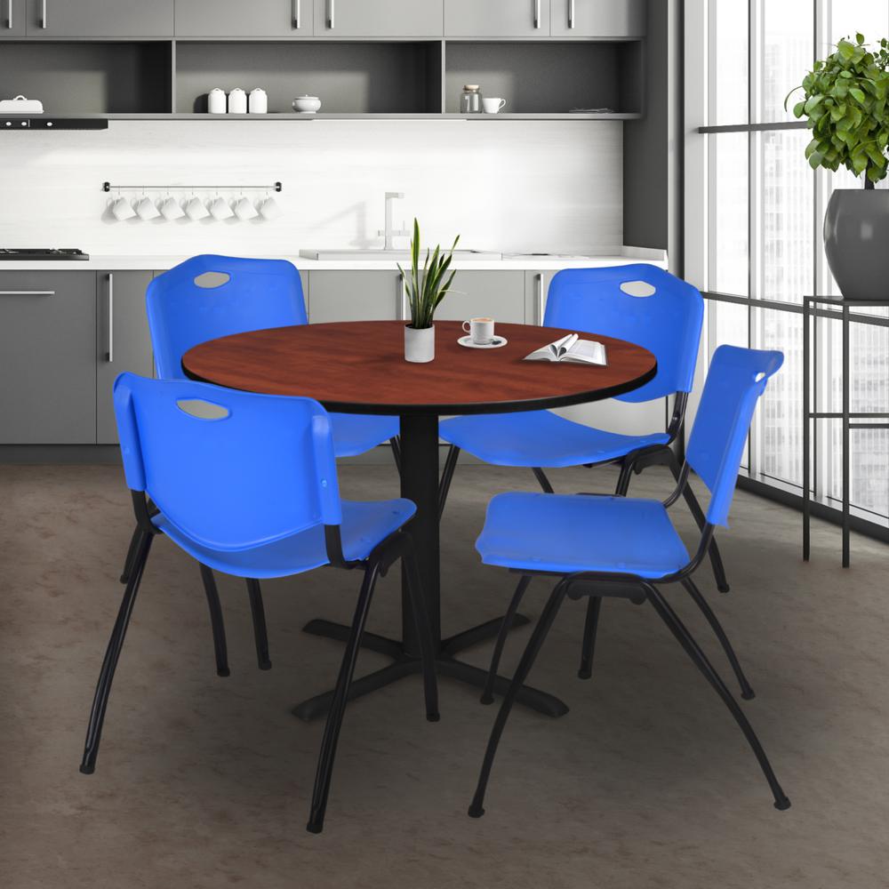 Cain 48" Round Breakroom Table- Cherry & 4 'M' Stack Chairs- Blue. Picture 2