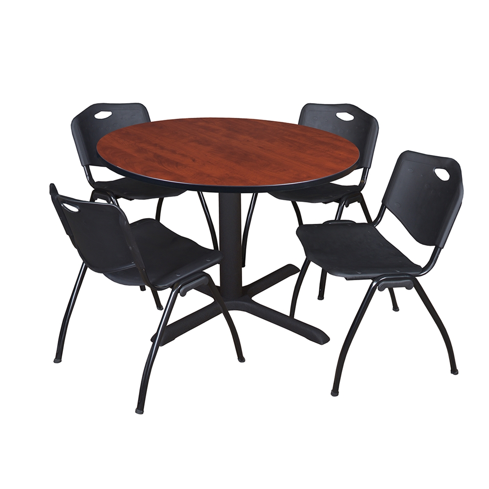 Cain 48" Round Breakroom Table- Cherry & 4 'M' Stack Chairs- Black. Picture 1