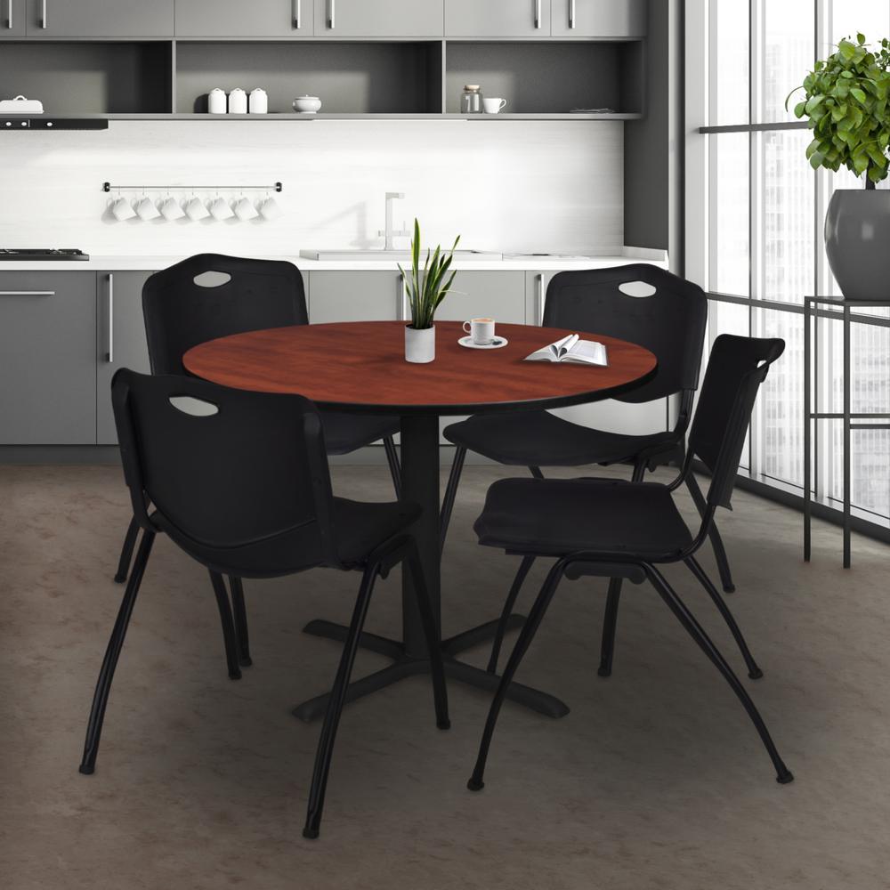 Cain 48" Round Breakroom Table- Cherry & 4 'M' Stack Chairs- Black. Picture 2