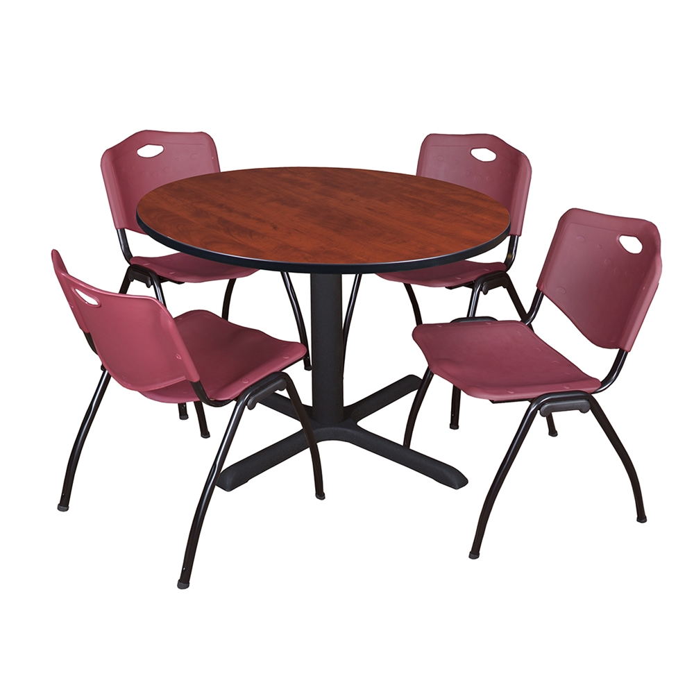 Cain 48" Round Breakroom Table- Cherry & 4 'M' Stack Chairs- Burgundy. Picture 1