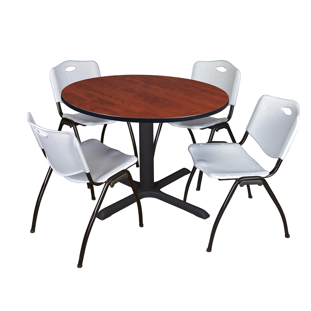Cain 48" Round Breakroom Table- Cherry & 4 'M' Stack Chairs- Grey. Picture 1
