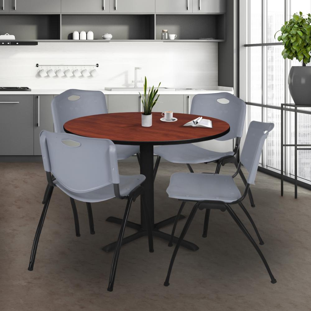 Cain 48" Round Breakroom Table- Cherry & 4 'M' Stack Chairs- Grey. Picture 2