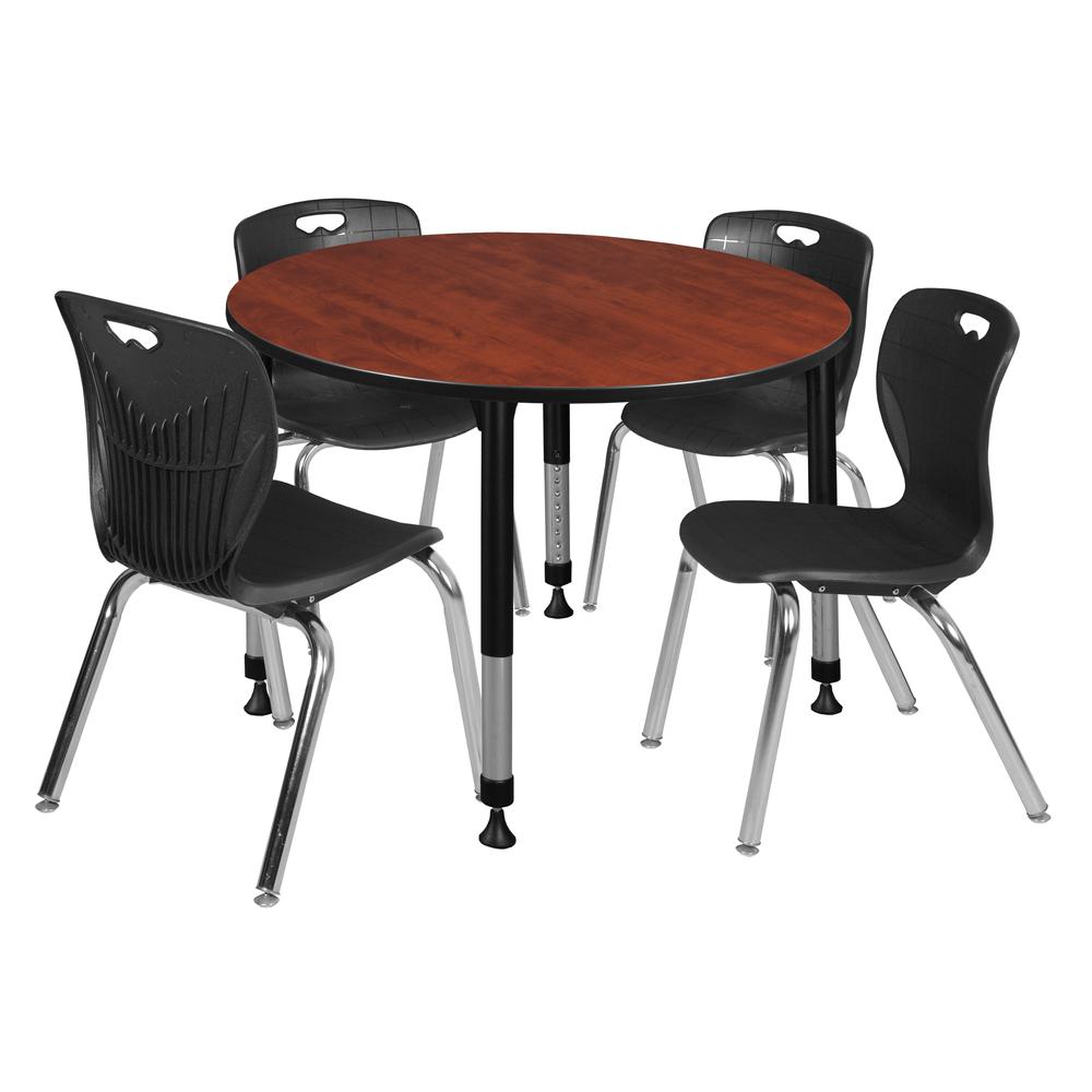 Kee 48" Round Height Adjustable Classroom Table - Cherry & 4 Andy 18-in Stack Chairs- Black. Picture 1