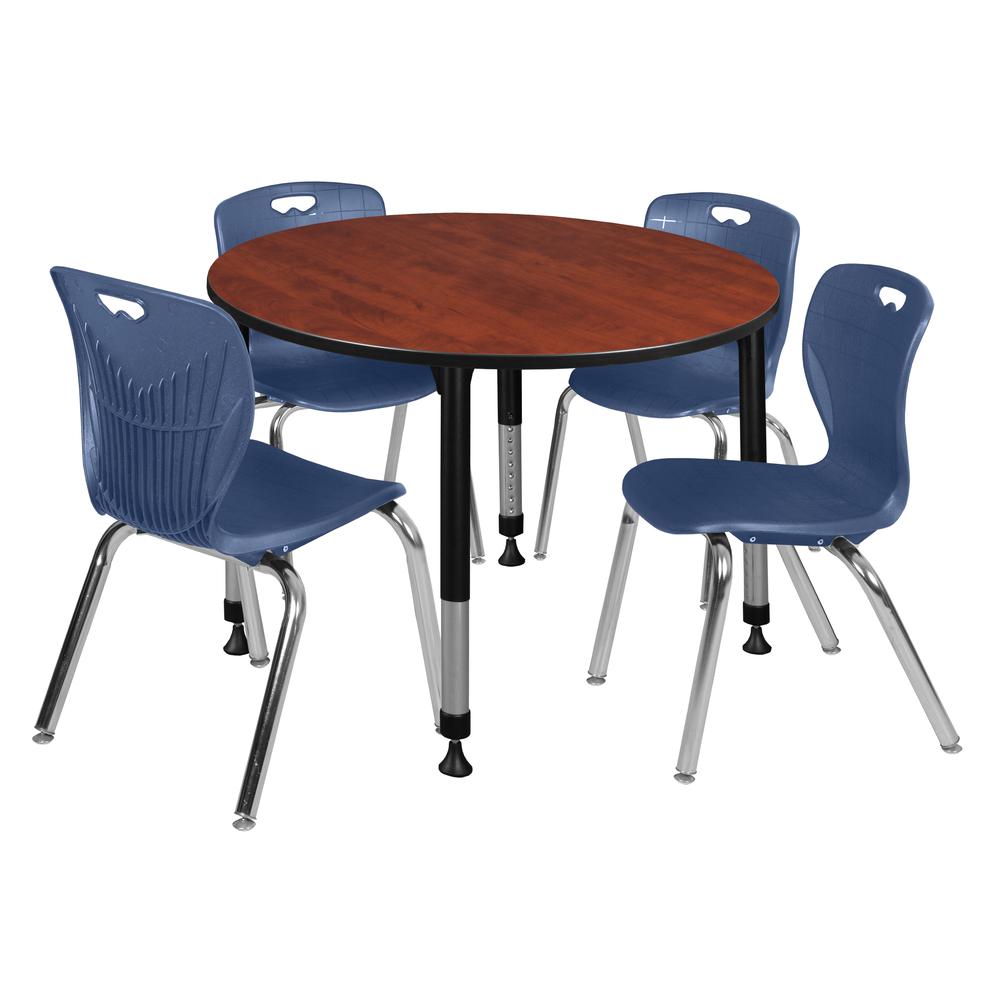Kee 48" Round Height Adjustable Classroom Table - Cherry & 4 Andy 18-in Stack Chairs- Navy Blue. Picture 1