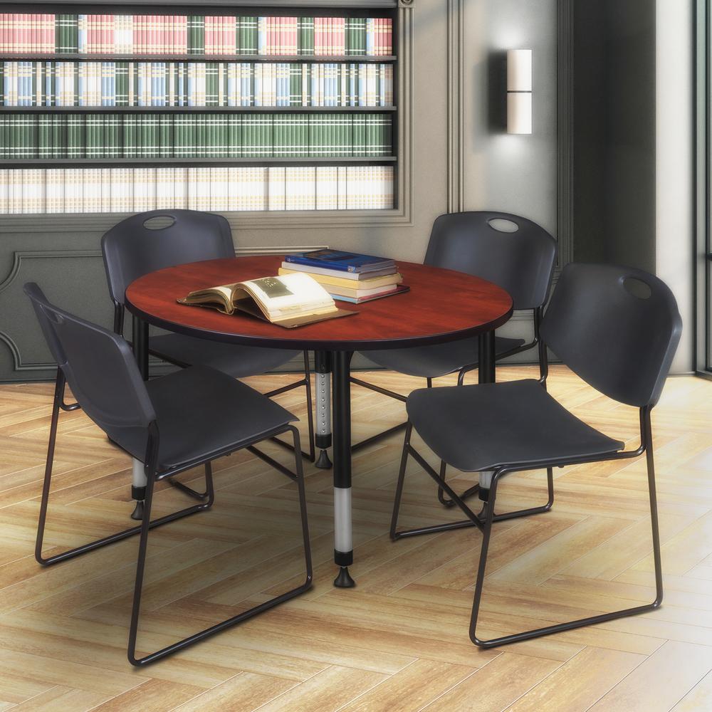 Kee 48" Round Height Adjustable Classroom Table - Cherry & 4 Zeng Stack Chairs- Black. Picture 6