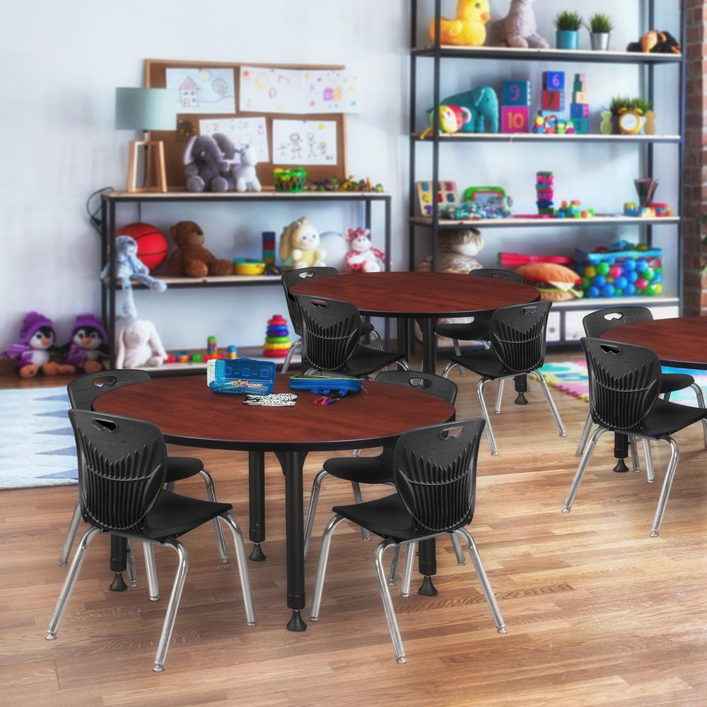 Kee 48" Round Height Adjustable Classroom Table - Cherry & 4 Andy 12-in Stack Chairs- Black. Picture 6