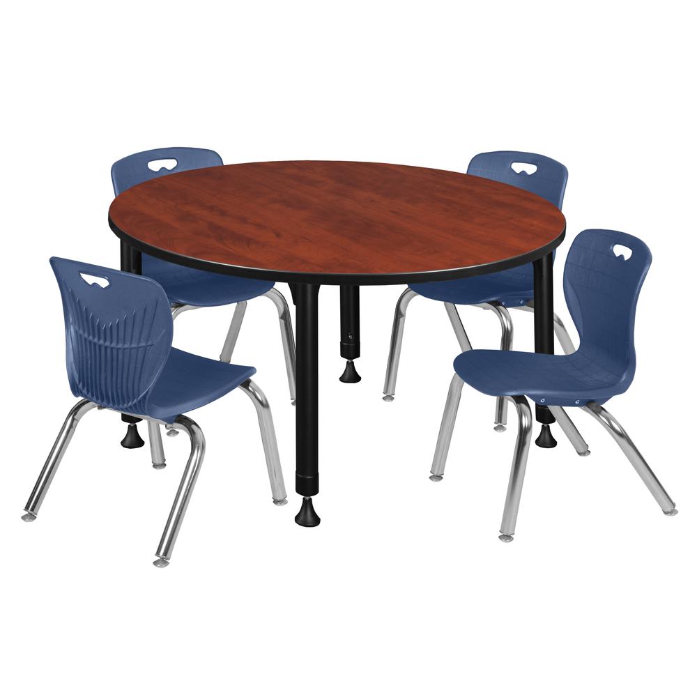 Kee 48" Round Height Adjustable Classroom Table - Cherry & 4 Andy 12-in Stack Chairs- Navy Blue. Picture 1