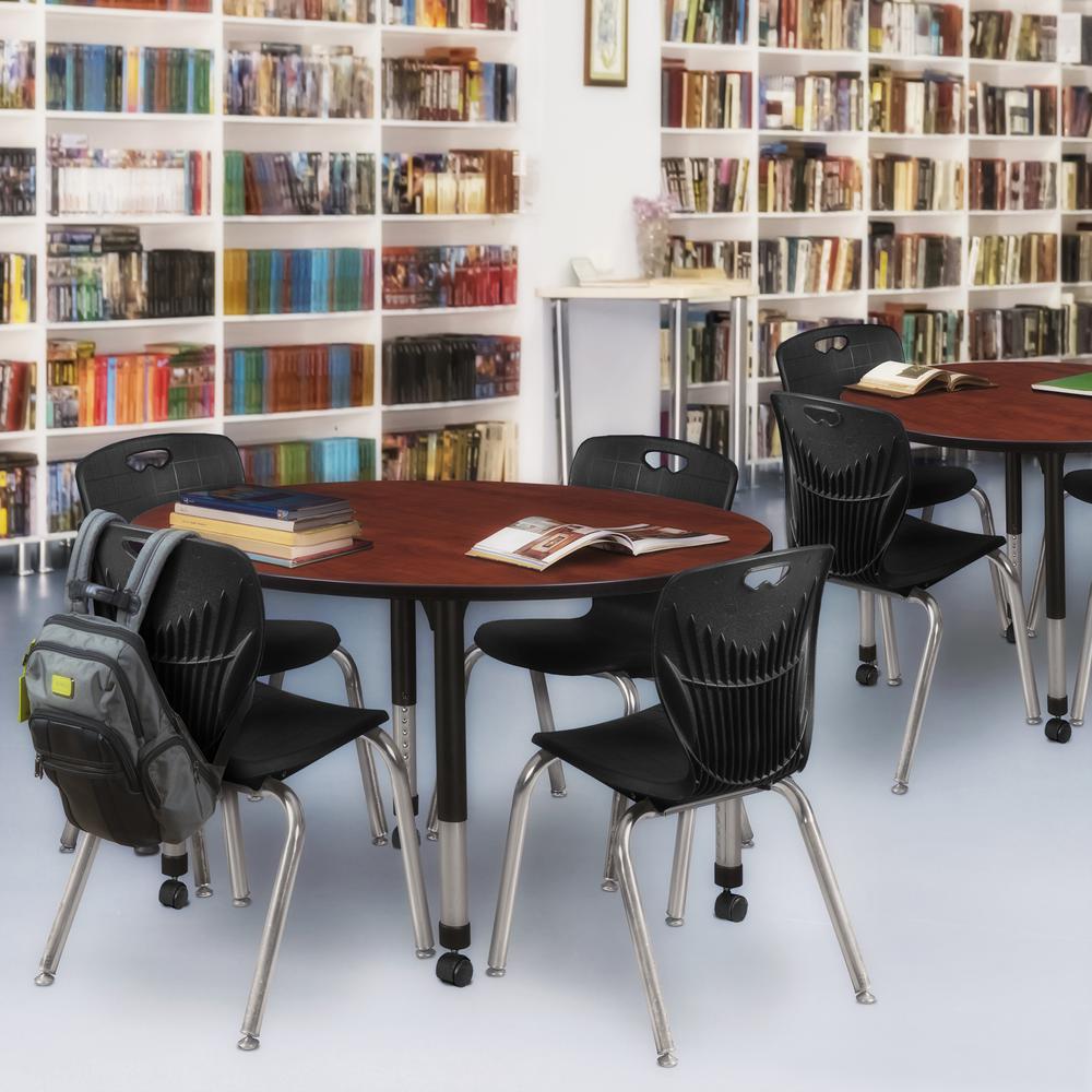 Kee 48" Round Height Adjustable Classroom Table - Cherry & 4 Andy 18-in Stack Chairs- Black. Picture 6