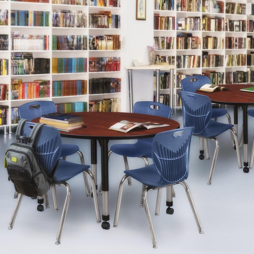 Kee 48" Round Height Adjustable Classroom Table - Cherry & 4 Andy 18-in Stack Chairs- Navy Blue. Picture 6
