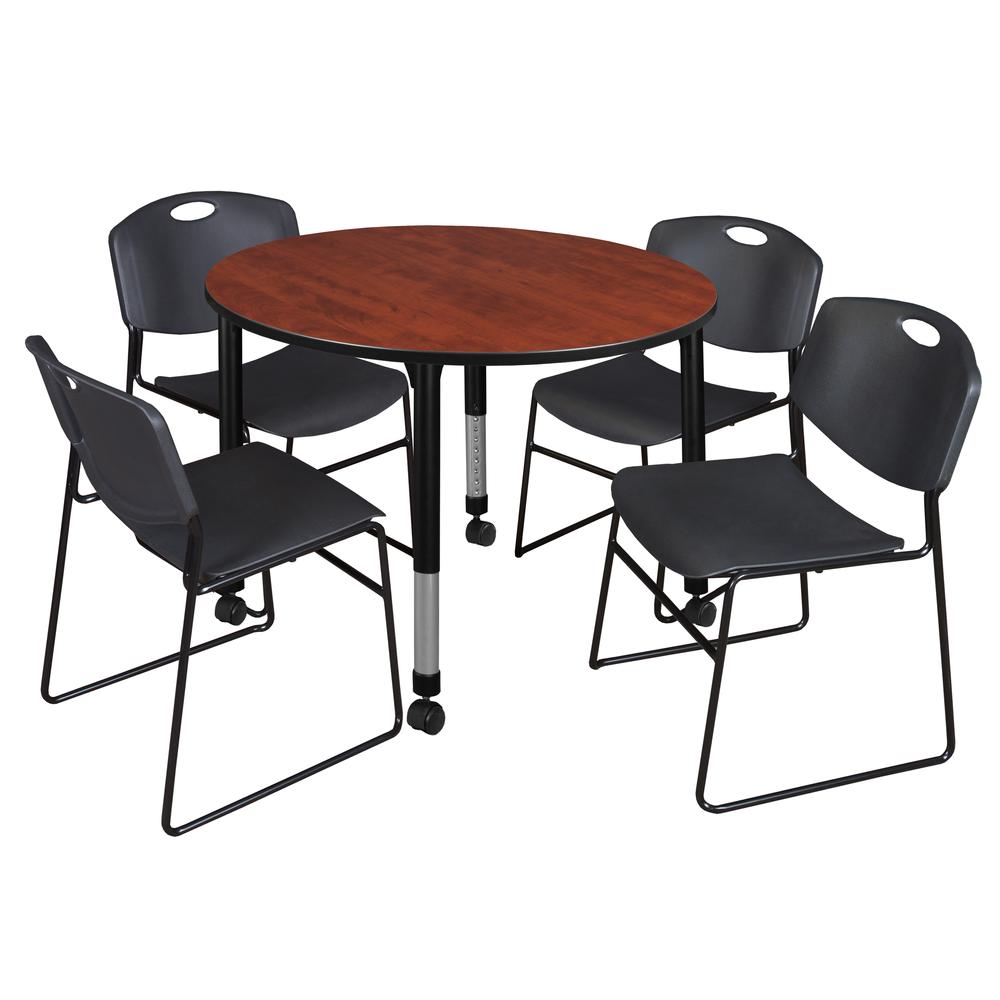 Kee 48" Round Height Adjustable  Mobile Classroom Table - Cherry & 4 Zeng Stack Chairs- Black. Picture 1