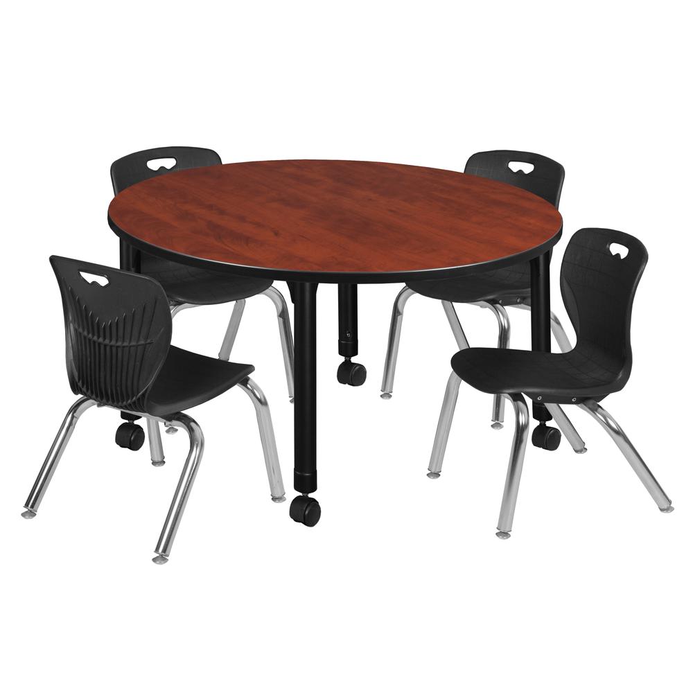Kee 48" Round Height Adjustable Classroom Table - Cherry & 4 Andy 12-in Stack Chairs- Black. Picture 1