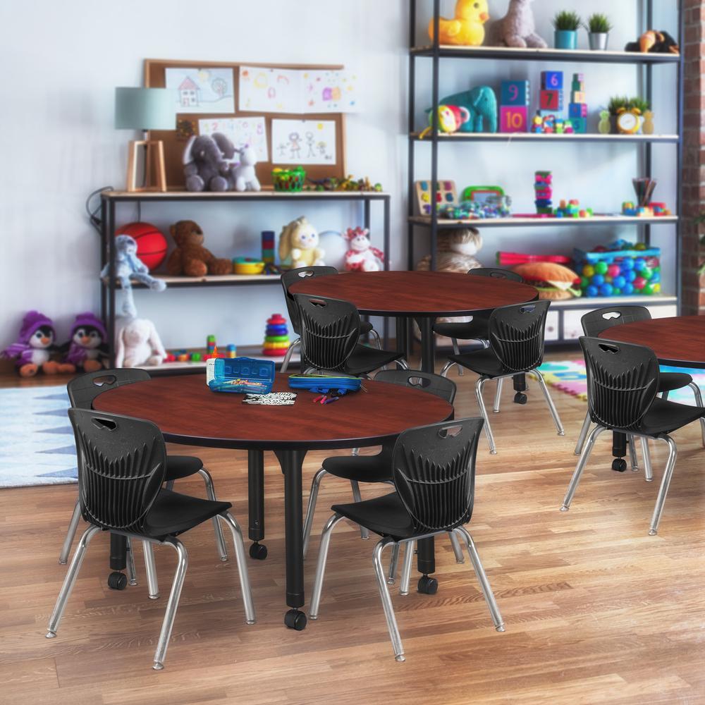 Kee 48" Round Height Adjustable Classroom Table - Cherry & 4 Andy 12-in Stack Chairs- Black. Picture 6