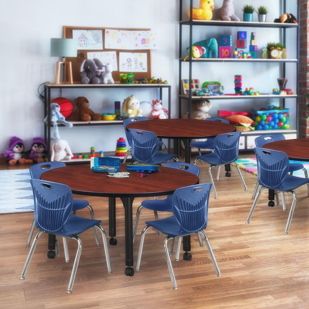 Kee 48" Round Height Adjustable Classroom Table - Cherry & 4 Andy 12-in Stack Chairs- Navy Blue. Picture 6