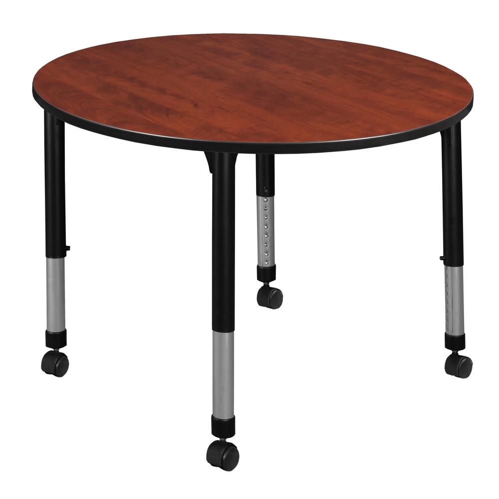 Kee 48" Round Height Adjustable Mobile Classroom Table - Cherry. Picture 1