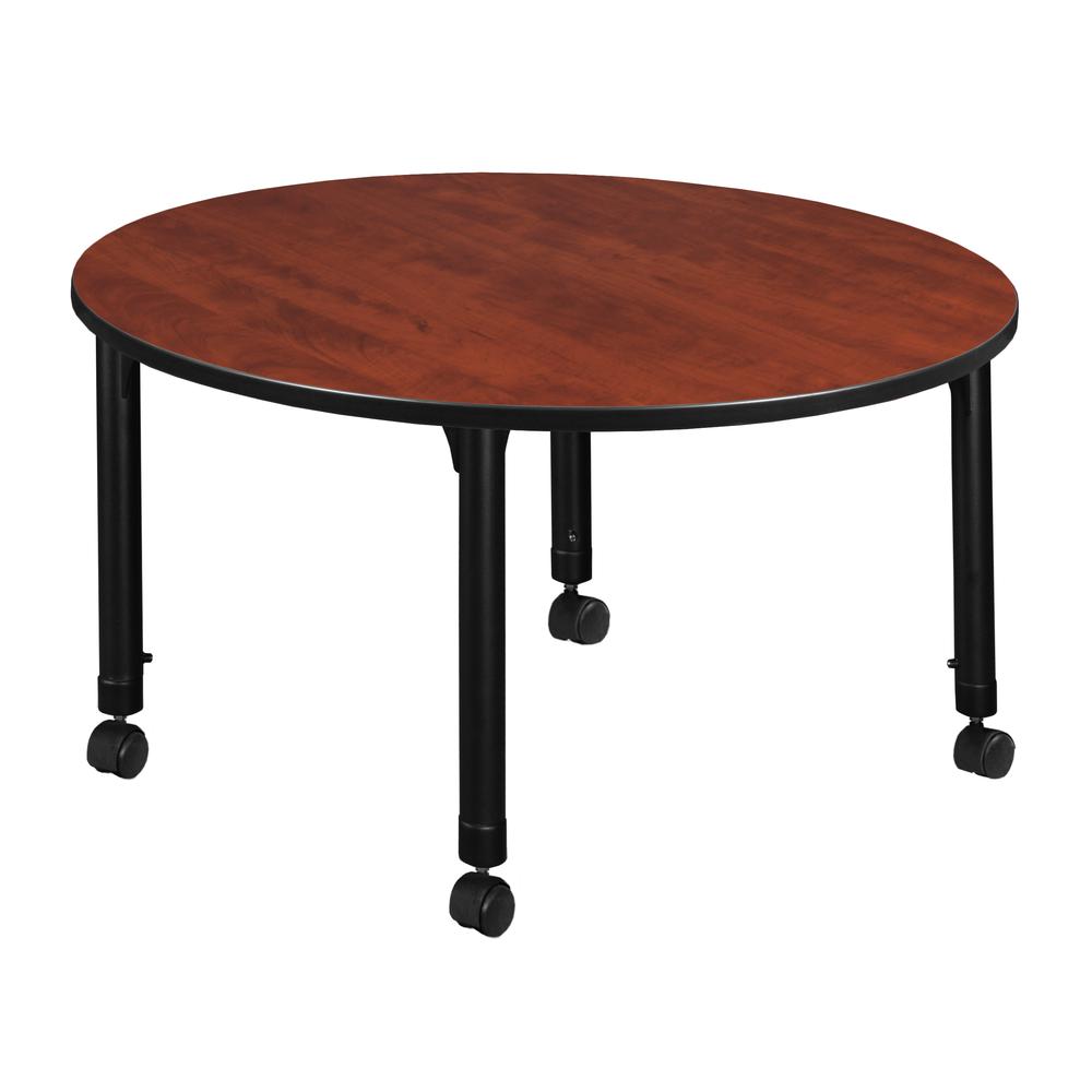 Kee 48" Round Height Adjustable Mobile Classroom Table - Cherry. Picture 2