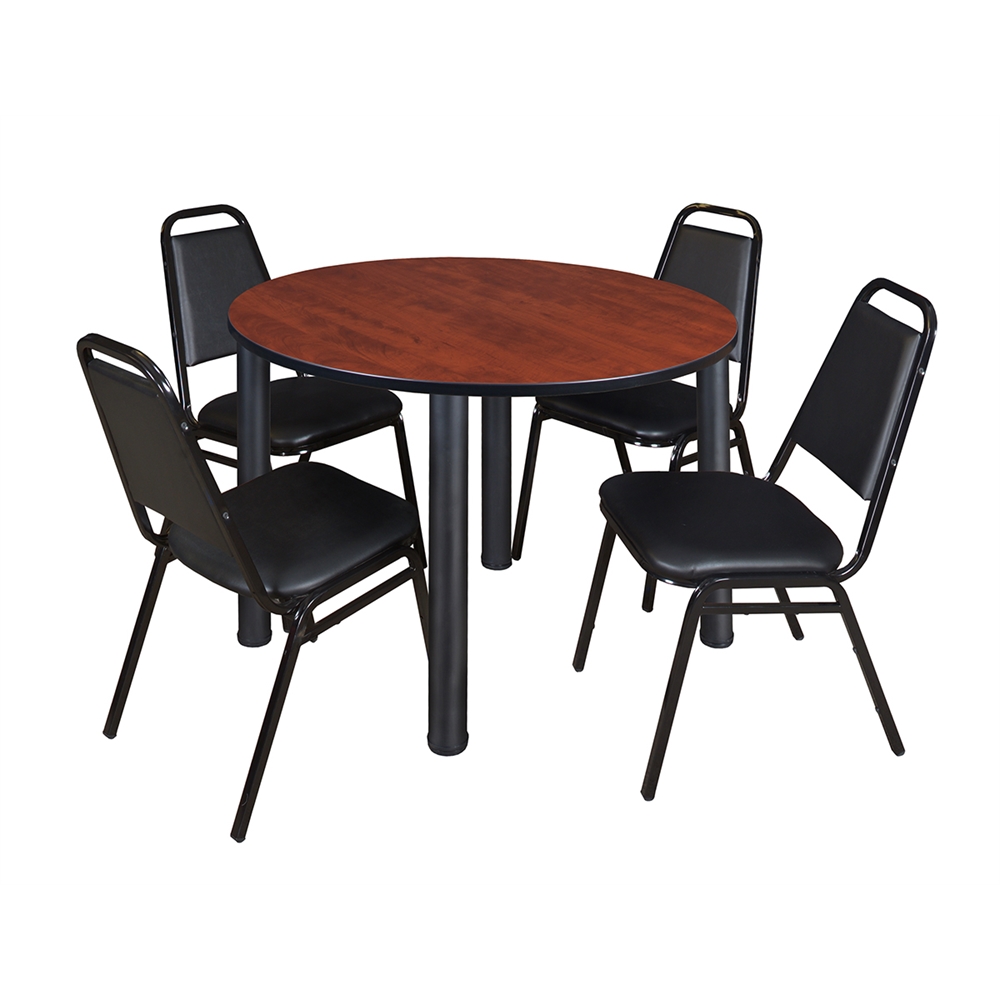 Kee 48" Round Breakroom Table- Cherry/ Black & 4 Restaurant Stack Chairs- Black. Picture 1