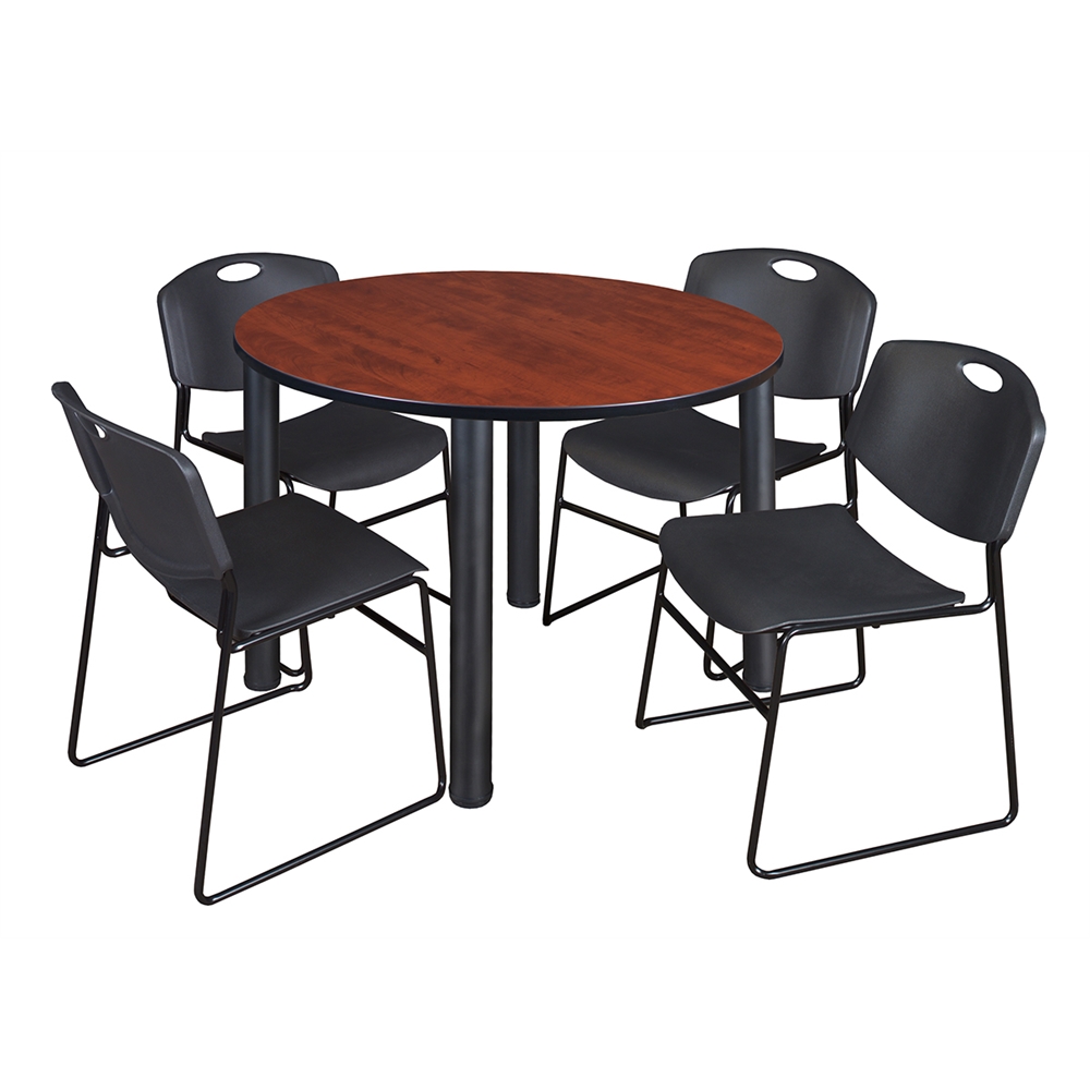 Kee 48" Round Breakroom Table- Cherry/ Black & 4 Zeng Stack Chairs- Black. Picture 1