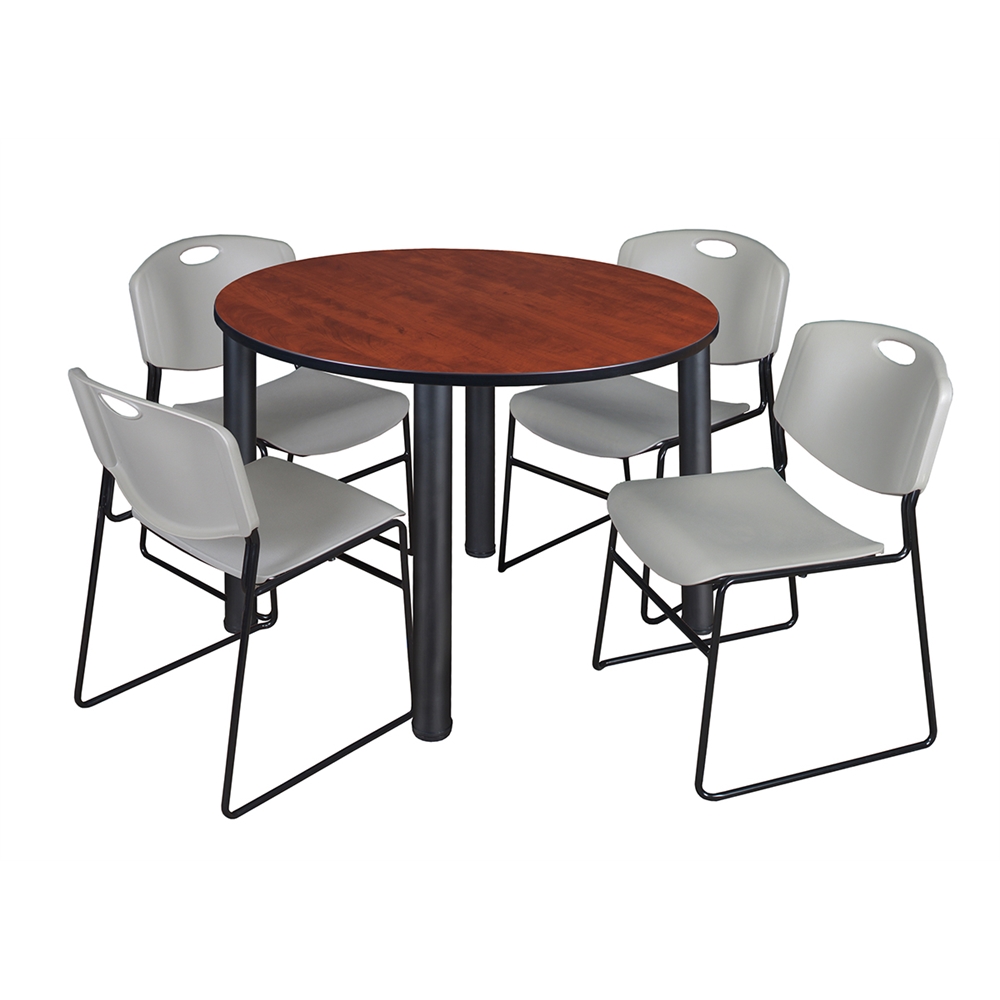 Kee 48" Round Breakroom Table- Cherry/ Black & 4 Zeng Stack Chairs- Grey. Picture 1