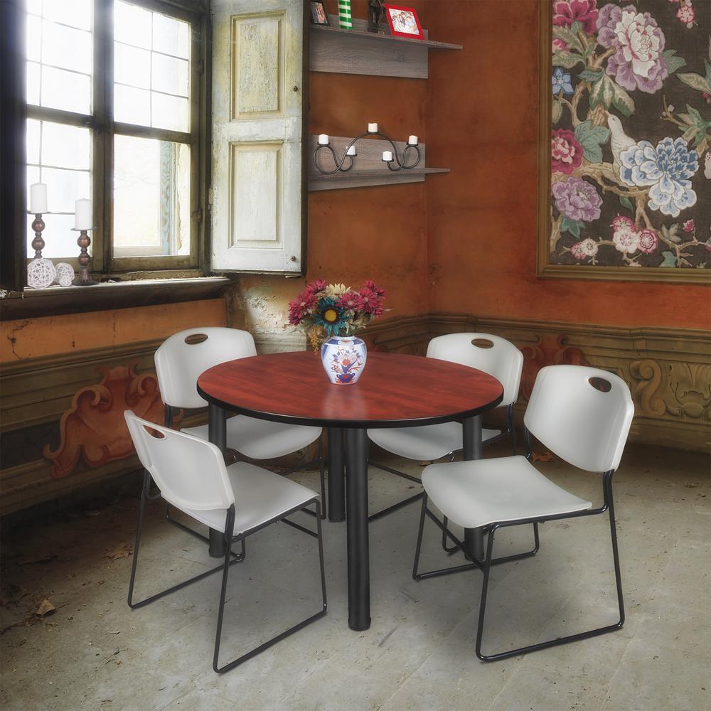 Kee 48" Round Breakroom Table- Cherry/ Black & 4 Zeng Stack Chairs- Grey. Picture 2