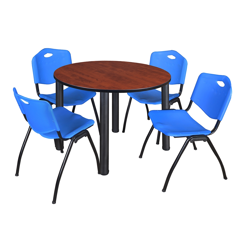 Kee 48" Round Breakroom Table- Cherry/ Black & 4 'M' Stack Chairs- Blue. Picture 1