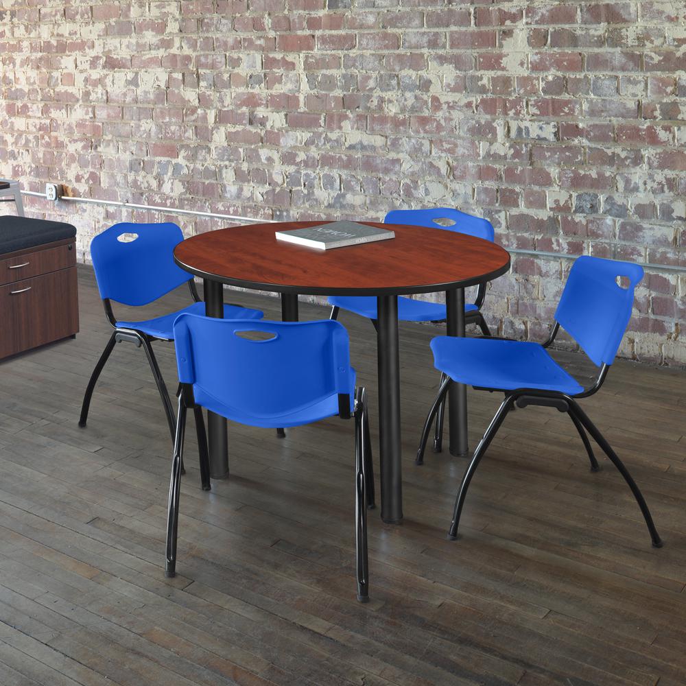 Kee 48" Round Breakroom Table- Cherry/ Black & 4 'M' Stack Chairs- Blue. Picture 2