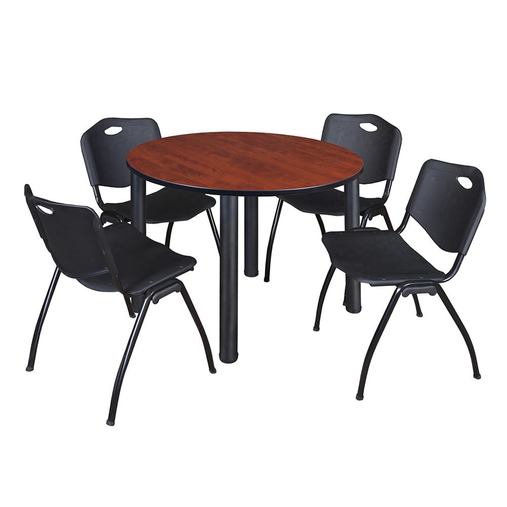 Kee 48" Round Breakroom Table- Cherry/ Black & 4 'M' Stack Chairs- Black. Picture 1