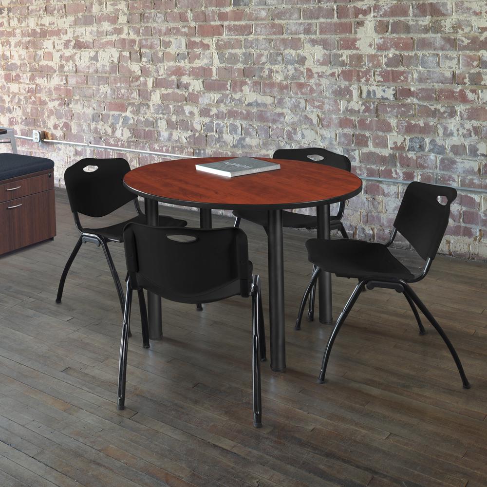 Kee 48" Round Breakroom Table- Cherry/ Black & 4 'M' Stack Chairs- Black. Picture 2