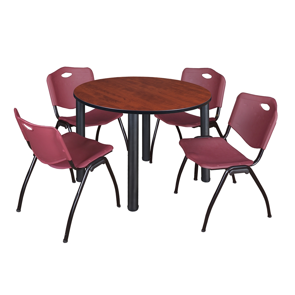 Kee 48" Round Breakroom Table- Cherry/ Black & 4 'M' Stack Chairs- Burgundy. Picture 1
