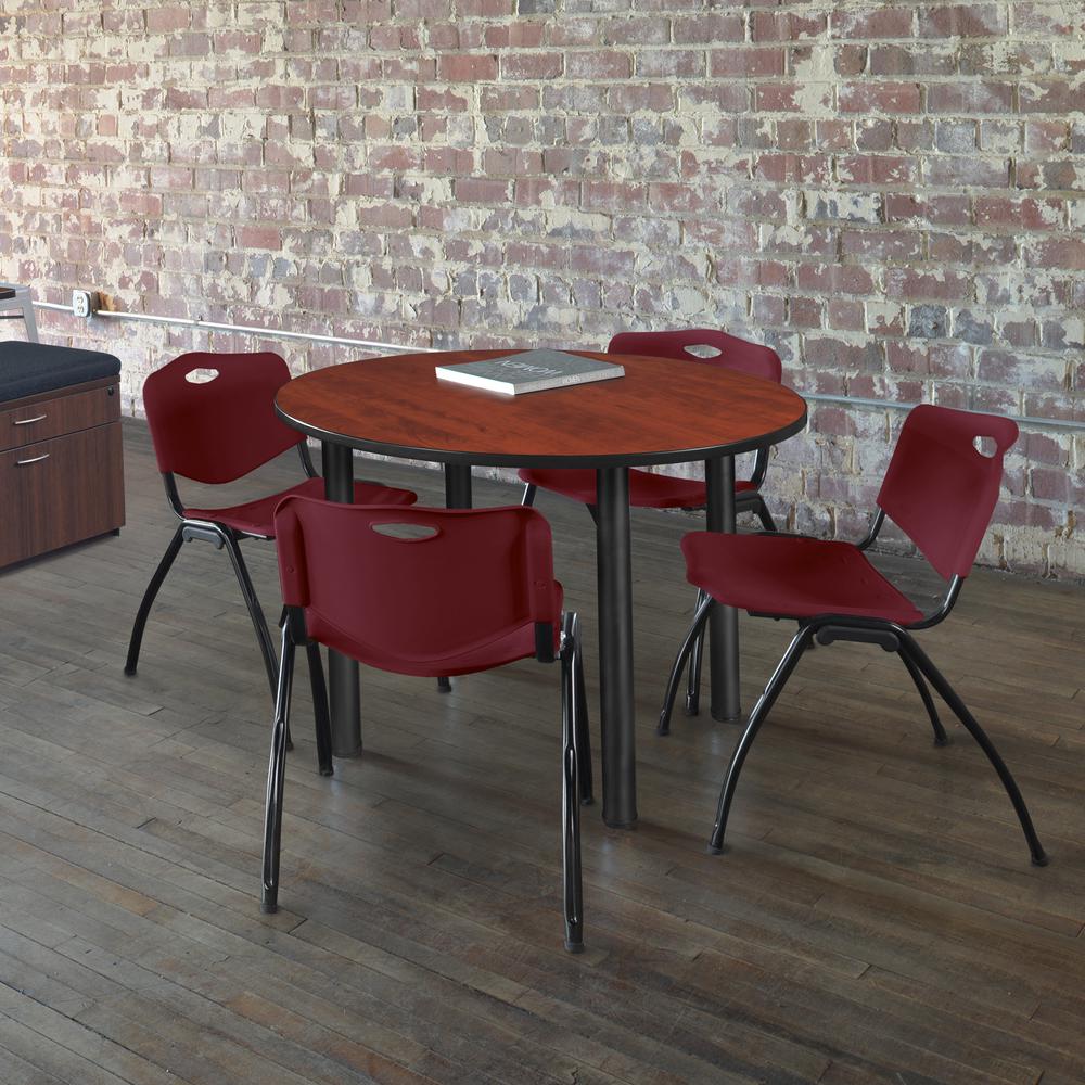 Kee 48" Round Breakroom Table- Cherry/ Black & 4 'M' Stack Chairs- Burgundy. Picture 2